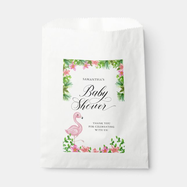 Bolsa De Papel Flamingo Rosado Tropical Baby Shower Gracias (Anverso)
