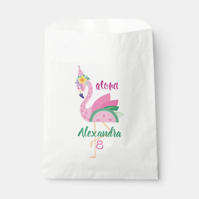 Bolsa De Papel Flamingo verde rosa y sandía cumpleaños tropical (Anverso)