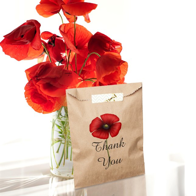Bolsa De Papel Flor De Adormidera Roja Elegante Gracias Kraft (Say thank you with a poppy and pop your gifts into these pretty floral favor bags)
