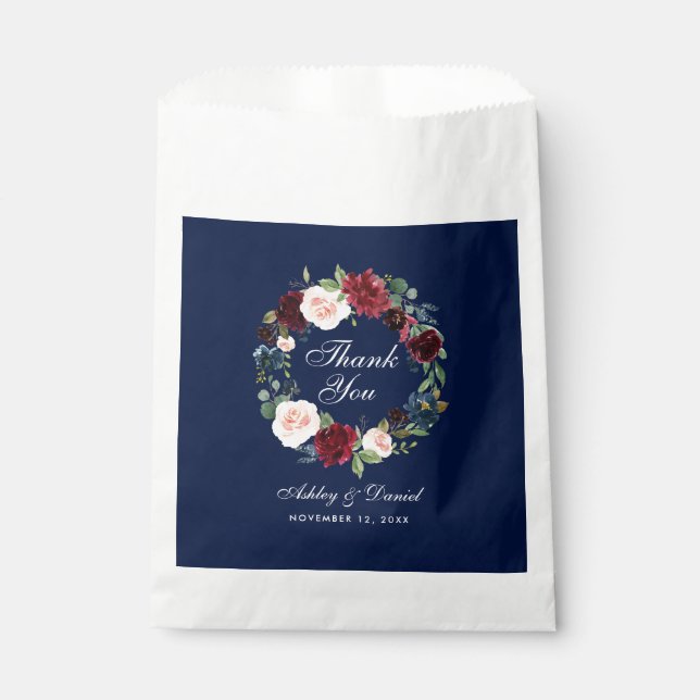 Bolsa De Papel Floral acuarela Burgundy Azul Boda Gracias (Anverso)