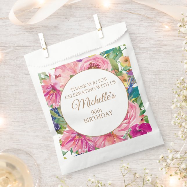 Bolsa De Papel Floral amarilla rosa 90 cumpleaños (Cortado)