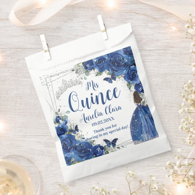 Bolsa De Papel Floral azul real Princesa Plata Quinceañera (Cortado)