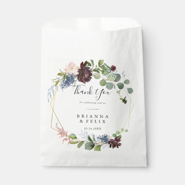 Bolsa De Papel Floral borgoña y vegetación Gracias Boda (Anverso)