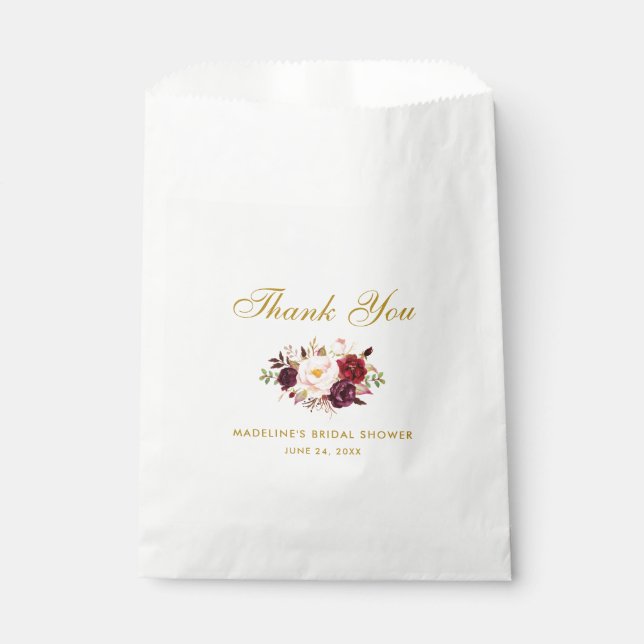Bolsa De Papel Floral Burgundy Gold Bridal Shower Gracias (Anverso)