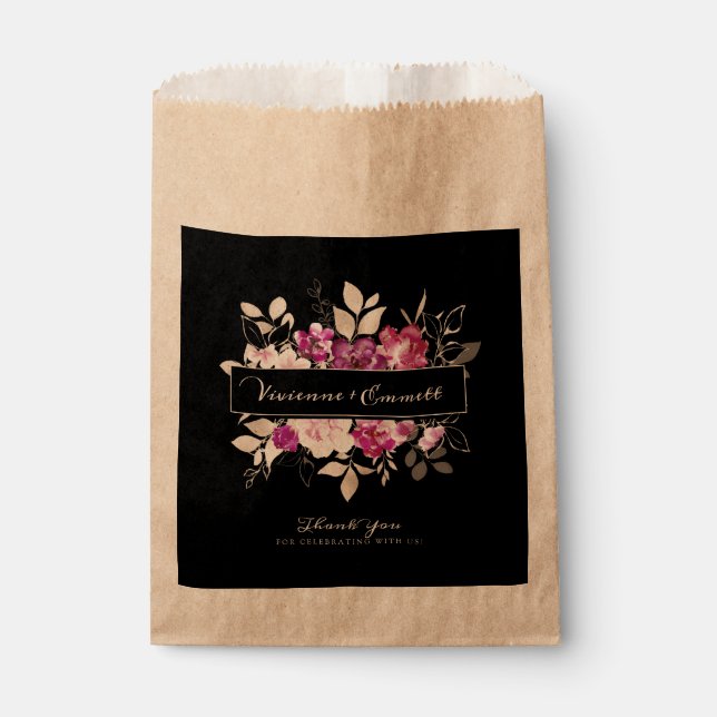 Bolsa De Papel Floral morada y rosa sobre Boda negro (Anverso)