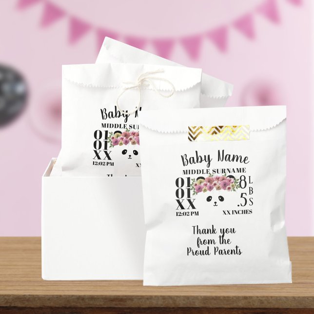 Bolsa De Papel Floral Panda Bear Chica Baby Stats 50 Pack (Cute panda birth stats paper bags just for you. Add your little one's stats)