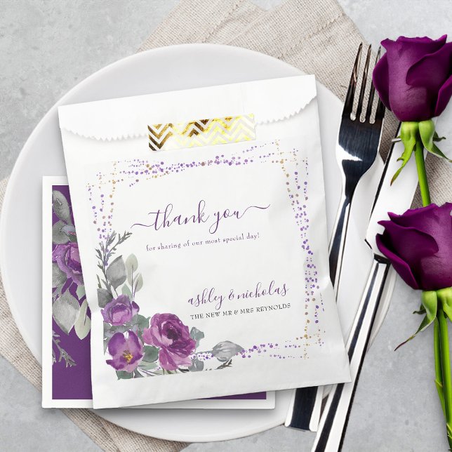 Bolsa De Papel Floral púrpura y Boda de confetti gracias (Elegant purple floral favor bags from my Plush Purple Wedding Collection )