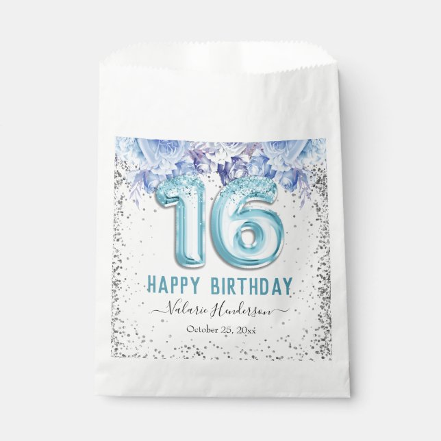 Bolsa De Papel Floral Purpurina Luz Azul Feliz 16 cumpleaños (Anverso)