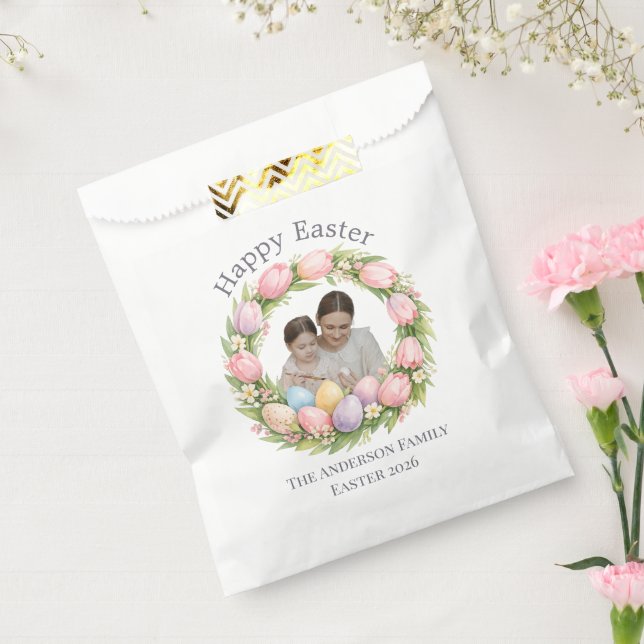 Bolsa De Papel Floral Wreath & Family Photo Personalized Easter  (Sellado)