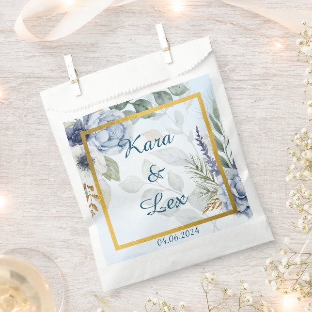 Bolsa De Papel Flores azules espléndidas con marcos de acento dor (Cortado)