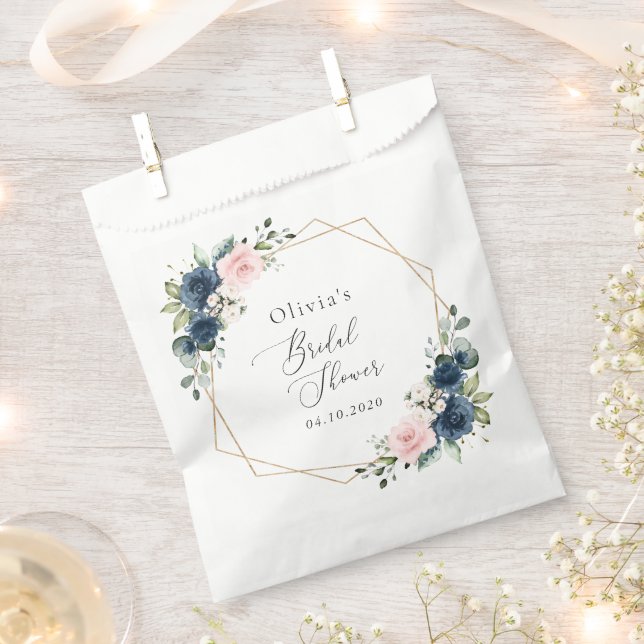 Bolsa De Papel Flores Azules Marinos, Flores Rosadas, Despedida d (Cortado)