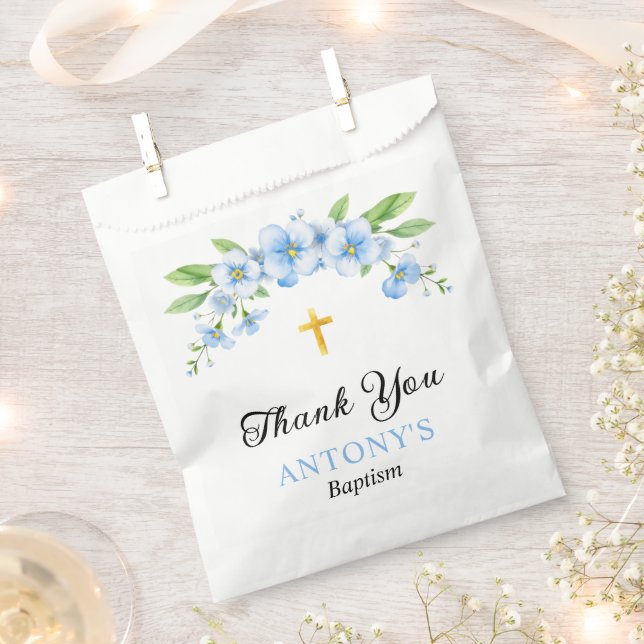 Bolsa De Papel Flores azules y bautismo de travesaños de oro Grac (Cortado)