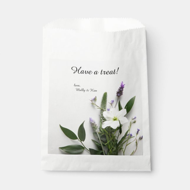 Bolsa De Papel Flores blancas y violetas, hojas (Anverso)