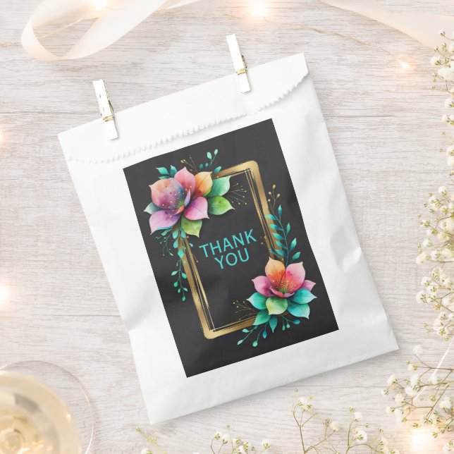 Bolsa De Papel Flores de Acuarela - Marco Dorado 34 + tu texto (Cortado)