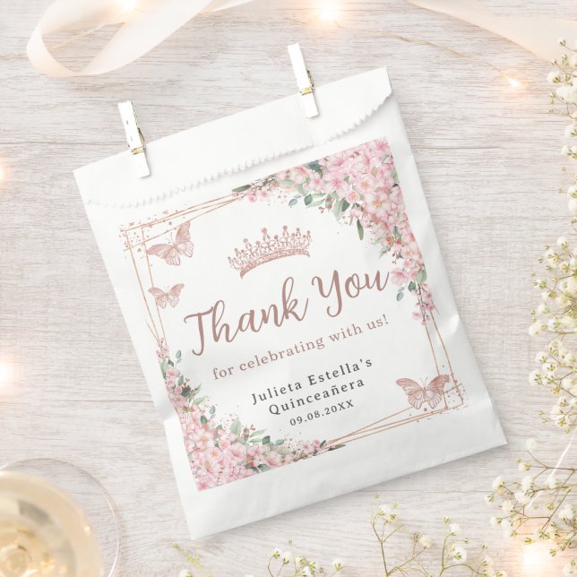 Bolsa De Papel Flores de cerezo Rosa Mariposas de oro Quinceanera (Cortado)