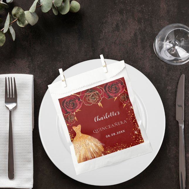 Bolsa De Papel Flores de traje de oro rojo Quinceanera (Subido por el creador)