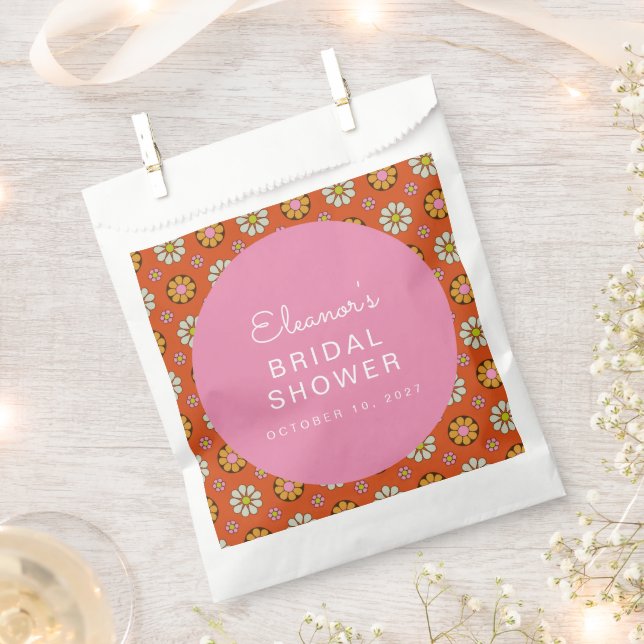 Bolsa De Papel Flores Retro de los 60 Naranja Rosa Claro Lluvia d (Cortado)