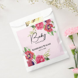 Bolsa De Papel Flores rojas modernas de Baby Shower en rosa claro
