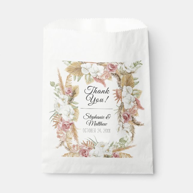 Bolsa De Papel Follaje de Palma de Pampas Floral Rosa Blanco Boho (Anverso)