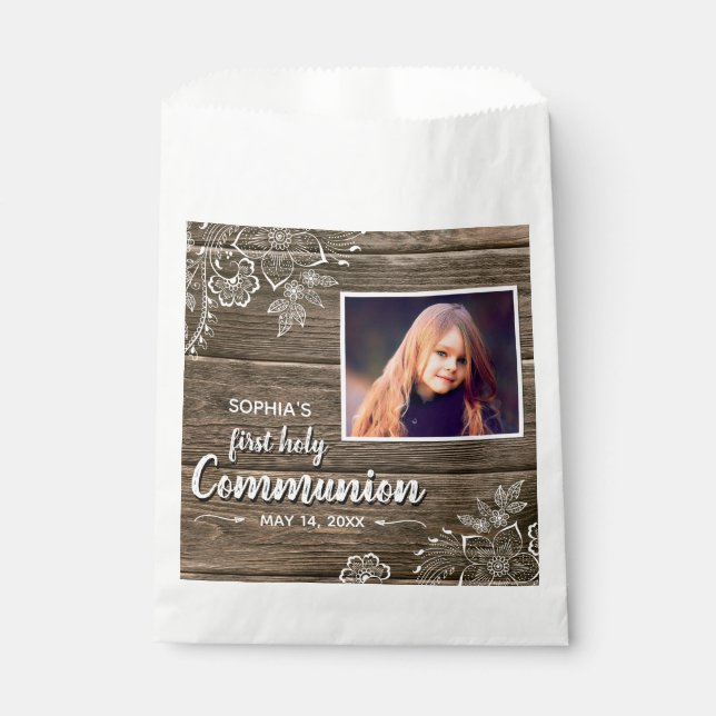 Bolsa De Papel Foto de la primera comunión de Rustic Wood Lace (Anverso)