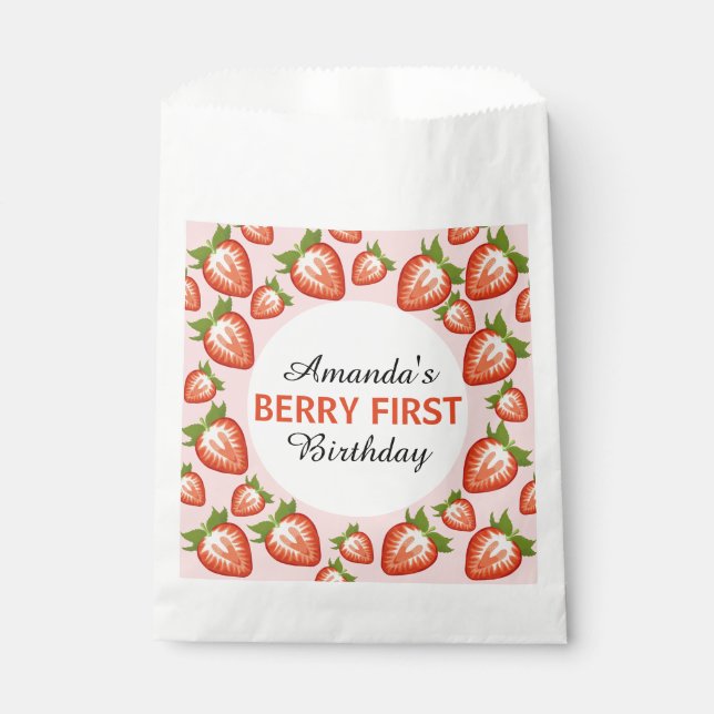 Bolsa De Papel Fresa Berry primer cumpleaños bebé Niña rosa (Anverso)