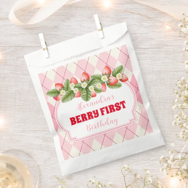 Bolsa De Papel Fresa primer cumpleaños Fiesta Berry primero (Cortado)