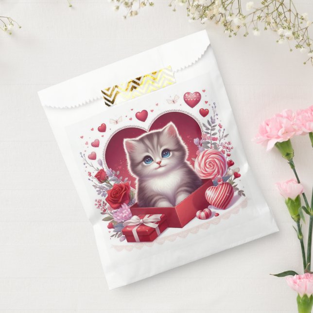 Bolsa De Papel Gatito sentado en una caja con flores y regalos (Sellado)