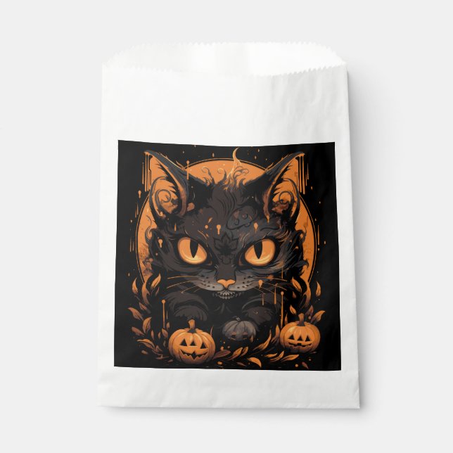 Bolsa De Papel Gato negro de Halloween con calabazas y luna (Anverso)