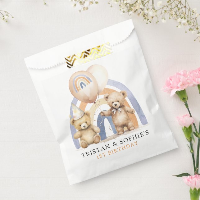 Bolsa De Papel Gemelos primera acuarela de cumpleaños Teddy Bears (Sellado)
