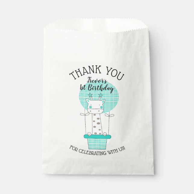 Bolsa De Papel Giraffe en globo aerostático amarillo azul gracias (Anverso)