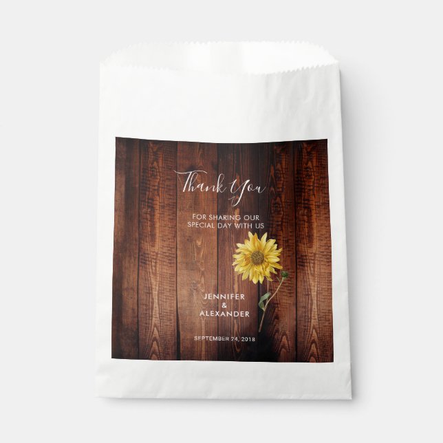 Bolsa De Papel Girasol acuático de madera rústica gracias boda (Anverso)
