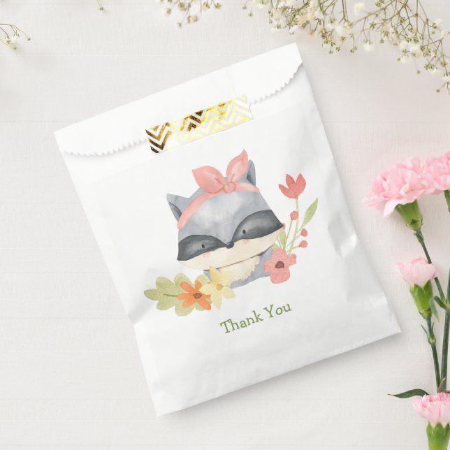 Bolsa De Papel Girly Cute Pink Bow Baby Raccoon Baby Shower (Sellado)