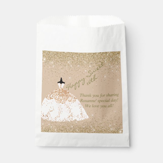 Bolsa De Papel Girly Rosa Oro dulce personalizado 16 cumpleaños (Anverso)