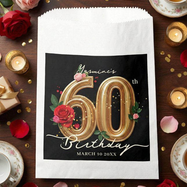 Bolsa De Papel Glam Chic Gold Red Roses on Black 60th Birthday (Subido por el creador)