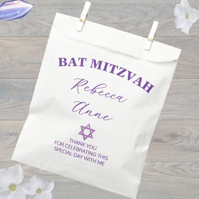 Bolsa De Papel Glam Purple Moda Gracias Fiesta Bat Mitzvah (Custom Bat Mitzvah favor bags that are easy to personalize)