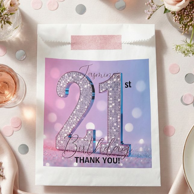 Bolsa De Papel Glam Silver Diamond Sparkle Pink 21st Birthday (Subido por el creador)