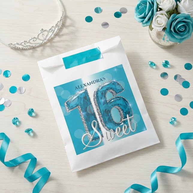 Bolsa De Papel Glam Teal Blue Diamonds Sweet 16 Birthday Party (Subido por el creador)