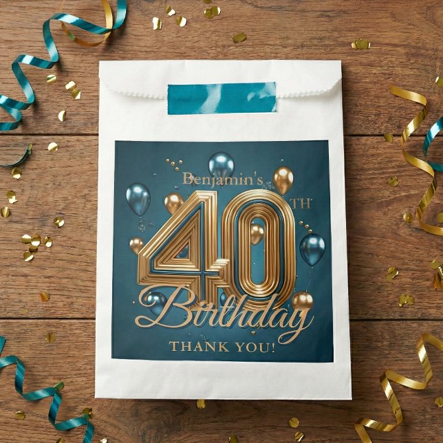 Bolsa De Papel Glam Teal Blue Gold Balloons 40th Birthday Party (Subido por el creador)