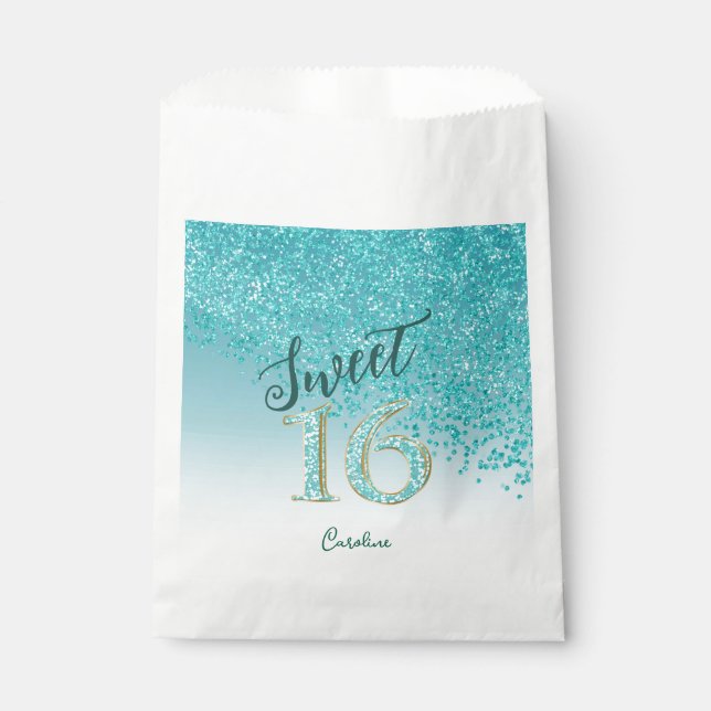 Bolsa De Papel Glam Verde azulado Blue Purpurina Sweet 16 Cumplea (Anverso)