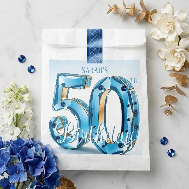 Bolsa De Papel Glamorous Blue Gemstone 50th Birthday Party (Subido por el creador)