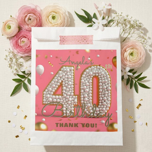 Bolsa De Papel Glamorous Pink Pearl Gold 40th Birthday Thank You (Subido por el creador)