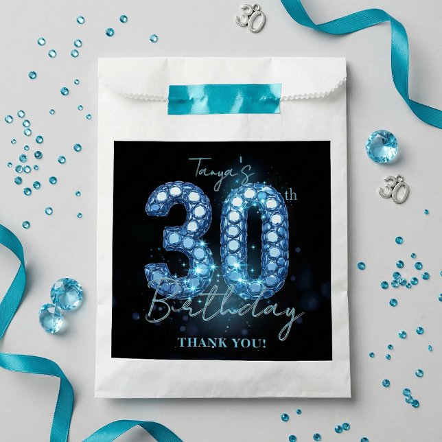 Bolsa De Papel Glamorous Teal Blue Black Diamond 30th Birthday (Subido por el creador)