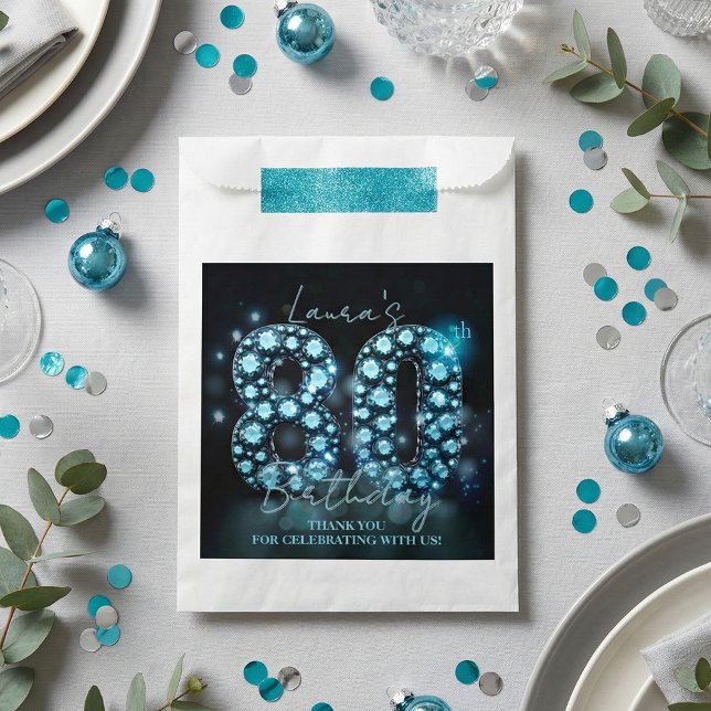 Bolsa De Papel Glamorous Teal Blue Diamonds Black 80th Birthday (Subido por el creador)