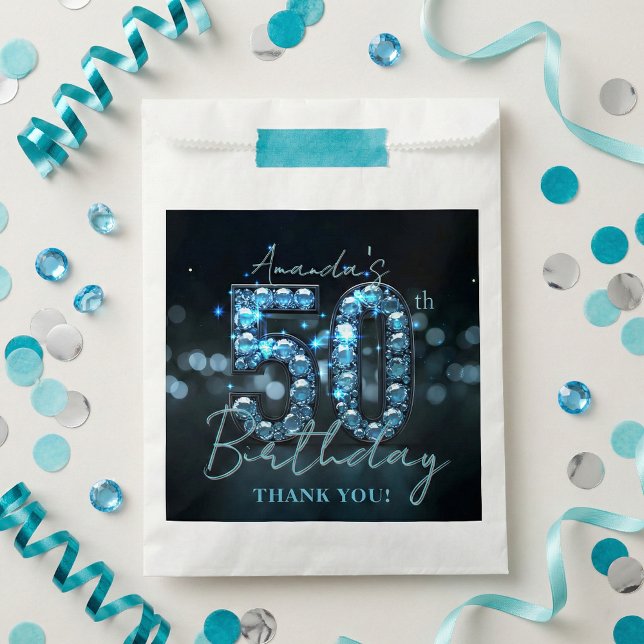 Bolsa De Papel Glamorous Teal Blue Diamonds Sparkle 50th Birthday (Subido por el creador)