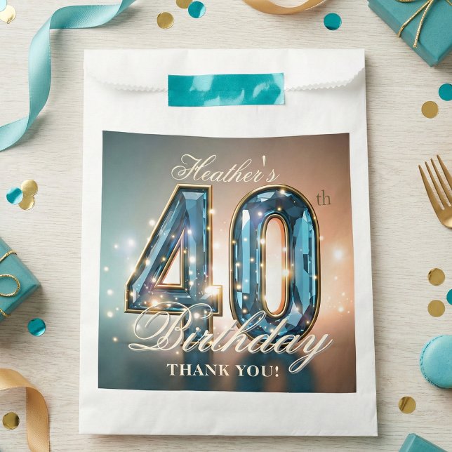 Bolsa De Papel Glamorous Teal Blue Faceted Gemstone 40th Birthday (Subido por el creador)