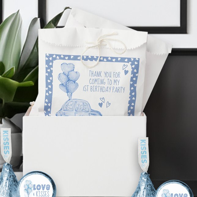 Bolsa De Papel Globo azul y auto de San Valentín de 1º cumpleaños (Favor Bags - from my Car and Balloons Valentine Birthday Collection)