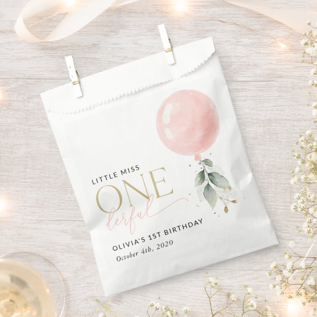 Bolsa De Papel Globo Rosa, Eucalipto, Verdor, Primer Cumpleaños (Cortado)