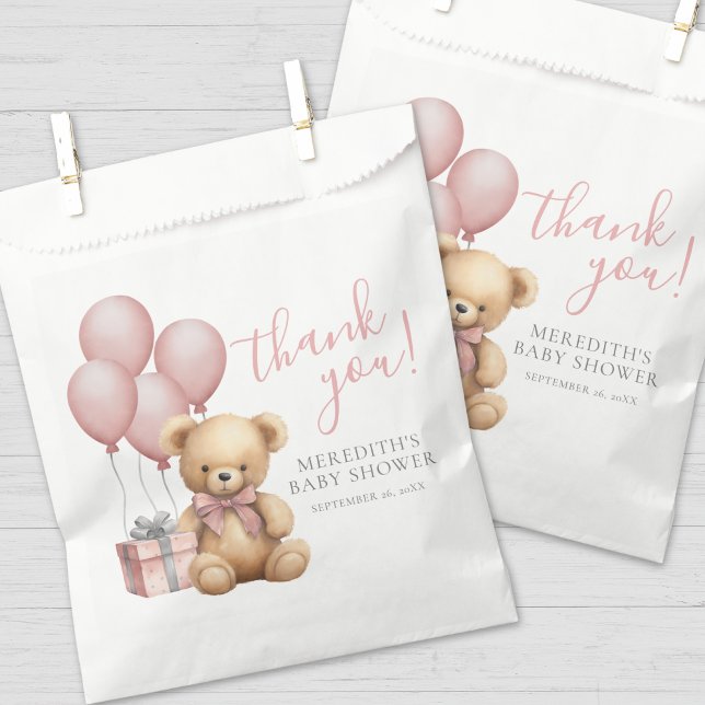 Bolsa De Papel Globo rosa Teddy Bear Baby Shower (Pink Balloon Teddy Bear Baby Shower Favor Bag)