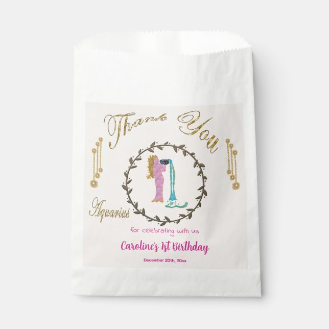 Bolsa De Papel Gold & Pearls Aquarius Primer Cumpleaños Gracias (Anverso)