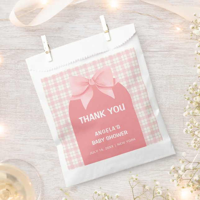 Bolsa De Papel Gracias a Pink Gingham Plaid Arch Bow Baby Shower (Cortado)